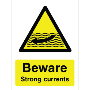 Warning sign showing a black arrow indicating water flow inside a yellow triangle and the message: "Beware Strong Currents" on a yellow background, used to alert swimmers and visitors about dangerous currents.