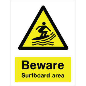 Warning sign showing a surfboard icon inside a yellow triangle and the message: "Beware Surfboard Area" on a yellow background, used to alert water users about surfboard hazards.
