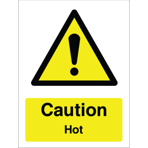 Warning sign showing a black exclamation mark inside a triangle and the message: "Caution. Hot" on yellow background, used to alert about hot surfaces and burn risks.