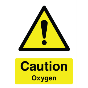 A yellow and black warning sign featuring a triangle with an exclamation mark, with the text: "Caution Oxygen".