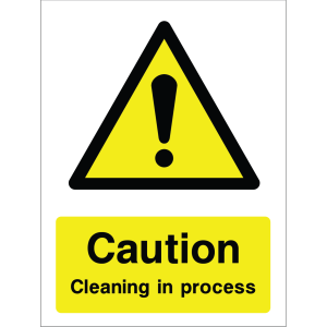 Warning sign showing a black triangle icon with an exclamation mark and the message: "Caution. Cleaning in process." on yellow background, used to alert about cleaning hazards.