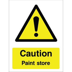 Warning sign showing a black triangle icon with an exclamation mark and the message: "Caution. Paint store." on yellow background, used to alert about hazards in paint storage.