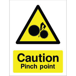 Warning sign showing a black triangle icon with gears and a hand indicating a pinch hazard, and the message: "Caution Pinch point" on yellow background, used to alert personnel to pinch dangers.