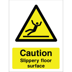 Warning sign showing a black triangle icon with a slipping person and the message: "Caution. Slippery floor surface." on yellow background, used to alert about slip hazards.