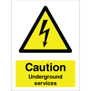 Caution sign with warning icon and the text: "Caution. Underground services" on yellow background, for safety and hazard awareness.