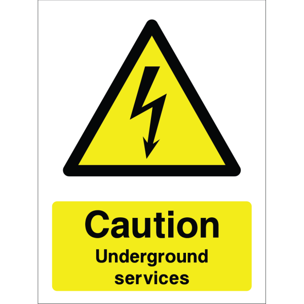 Caution sign with warning icon and the text: "Caution. Underground services" on yellow background, for safety and hazard awareness.