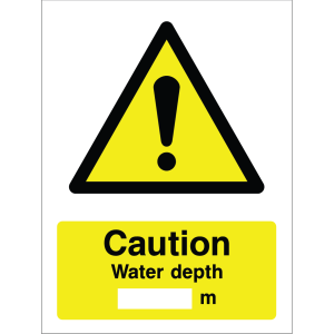 A yellow background with black text: "Caution Water depth ___ m" Superimposed over a warning triangle with a black exclamation mark icon, indicating caution regarding water depth.