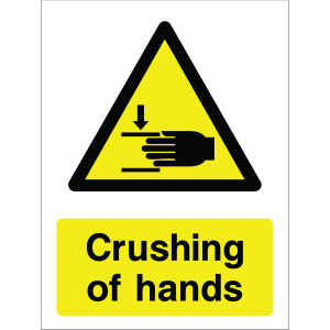 Warning sign showing a black triangle icon with a hand being crushed by a downward arrow and the message: "Crushing of hands" on yellow background, used to alert about crushing hazards.