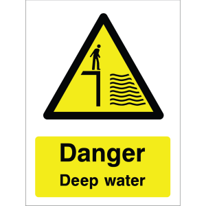 Warning sign showing a black triangle icon with a person and water waves, and the message: "Danger. Deep water." on yellow background, used to alert about water hazards.