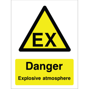 Warning sign with yellow background, black triangle, exclamation mark, and "Danger Explosive atmosphere" text.