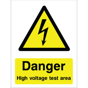 Warning sign featuring a lightning bolt icon and the message: "Danger. High voltage test area" on yellow background, used for safety around high-voltage testing zones.
