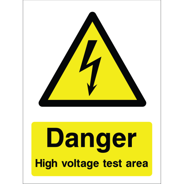 Warning sign featuring a lightning bolt icon and the message: "Danger. High voltage test area" on yellow background, used for safety around high-voltage testing zones.
