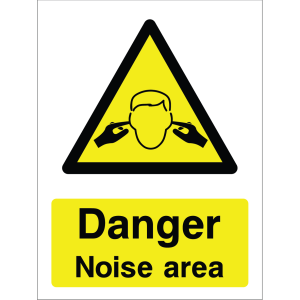 Warning sign showing a black triangle icon with a person wearing ear protection and the message: "Danger. Noise area." on yellow background, used to alert about high noise hazards.