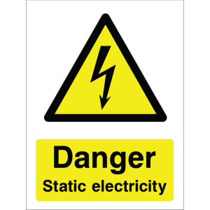Warning sign featuring a lightning bolt icon and the message: "Danger. Static electricity" on yellow background, used for safety around static electrical hazards.