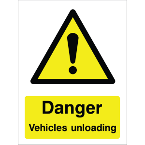 Warning sign showing a black triangle icon with an exclamation mark and the message: "Danger. Vehicles unloading." on yellow background, used to alert about unloading hazards.