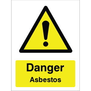 Warning sign showing a black triangle icon with an exclamation mark and the message: "Danger. Asbestos." on yellow background, used to alert about asbestos hazards.