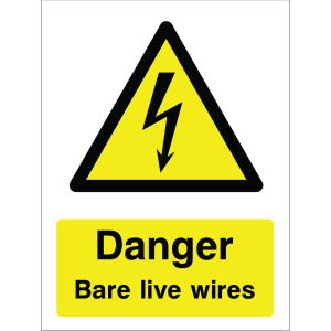 Warning sign with lightning bolt icon and the text: "Danger. Bare live wires" on yellow background.