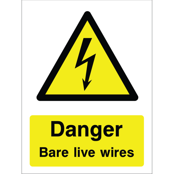 Warning sign with lightning bolt icon and the text: "Danger. Bare live wires" on yellow background.