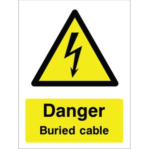 Warning sign with a lightning bolt icon and the text: "Danger. Buried cable" on yellow background, for safety around underground electrical utilities.
