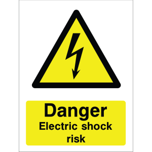 Warning sign with lightning bolt icon and the text: "Danger Electric Shock Risk" on yellow background.