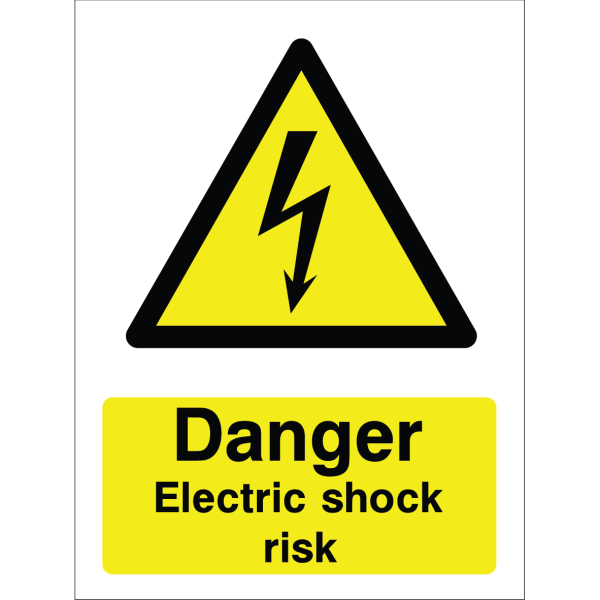 Warning sign with lightning bolt icon and the text: "Danger Electric Shock Risk" on yellow background.