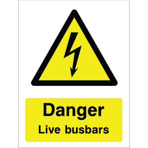 Warning sign with high-voltage lightning bolt icon and the text: "Danger. Live busbars" on yellow background.