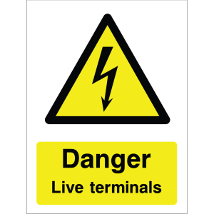 Warning sign with lightning bolt icon and the text: "Danger Live terminals" on yellow background.
