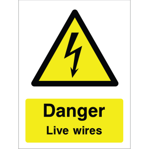 Warning sign with lightning bolt icon and the text: "Danger. Live wires" on yellow background.