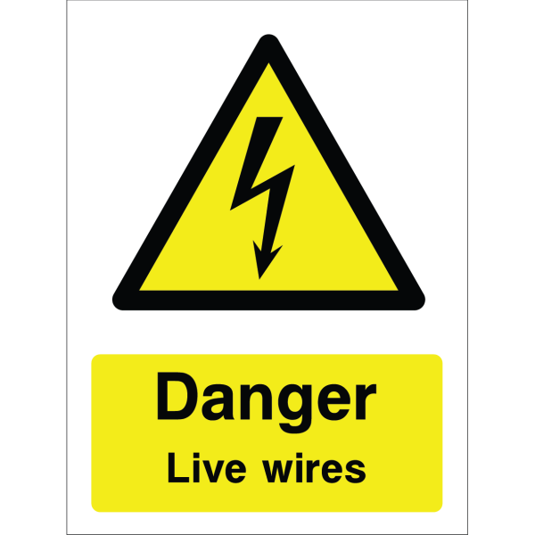 Warning sign with lightning bolt icon and the text: "Danger. Live wires" on yellow background.