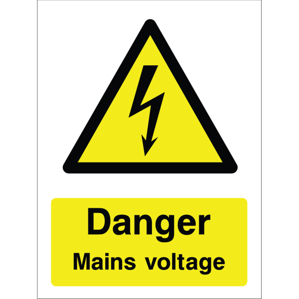 Warning sign with black triangle, lightning bolt icon, and "Danger Mains voltage" text on yellow background.