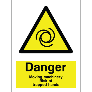 Warning sign showing a black triangle icon with swirling lines indicating moving machinery and the message: "Danger Moving machinery Risk of trapped hands" on yellow background, used to alert about severe injury risks.
