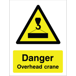 Warning sign showing a black triangle icon with a crane lifting a load and the message: "Danger. Overhead crane." on yellow background, used to alert about overhead lifting hazards.