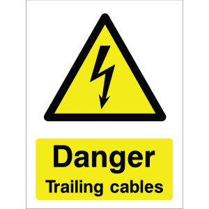Warning sign showing a lightning bolt icon and the message: "Danger. Trailing cables" on yellow background, used for safety around loose or hanging electrical cables.