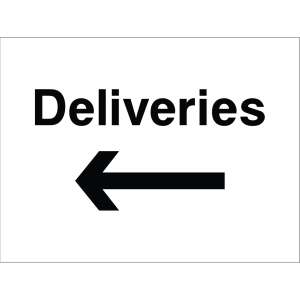 Sign showing the word "Deliveries" with an arrow, used to direct delivery vehicles and personnel.