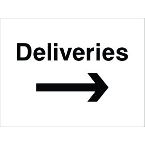 Sign showing the word "Deliveries" with an arrow, used to direct delivery vehicles and personnel.