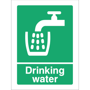 Sign showing a water tap pouring into a glass with the message: "Drinking water" for safe water access.