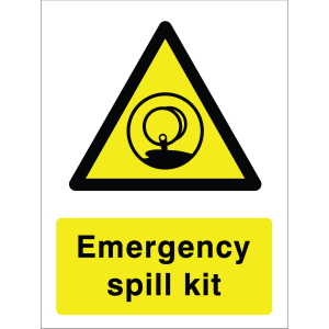 Warning sign with yellow background, spill icon, and "Emergency spill kit" text.