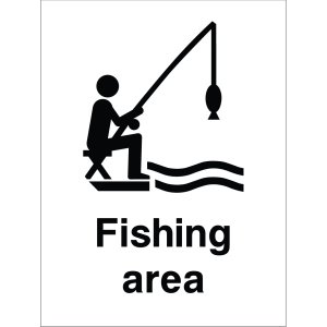 Sign showing a person fishing from a dock and the message: "Fishing area" used to mark designated fishing zones.