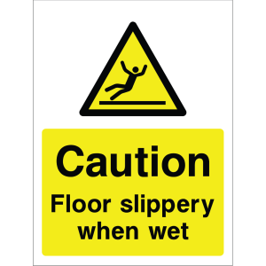 Warning sign alerting to slippery floors when wet.