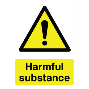 Warning sign with yellow background, black triangle, exclamation mark, and "Harmful substance" text.