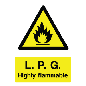 Warning sign with yellow background, black triangle, flame icon, and "L.P.G. Highly flammable" text.
