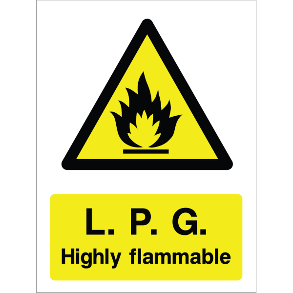 Warning sign with yellow background, black triangle, flame icon, and "L.P.G. Highly flammable" text.