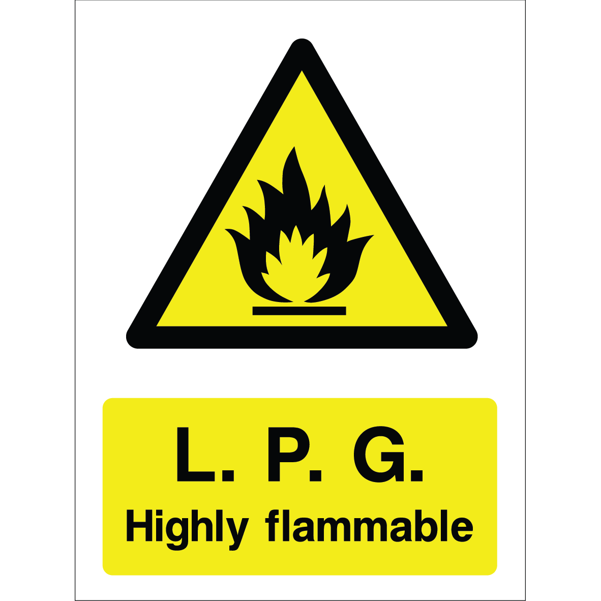 Warning sign with yellow background, black triangle, flame icon, and "L.P.G. Highly flammable" text.