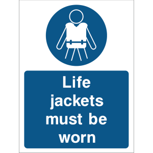 Sign with an icon of a person wearing a life jacket and the message: "Life jackets must be worn" on a blue background, used to promote safety in aquatic areas.