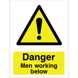Warning sign showing a black exclamation mark inside a triangle and the message: "Danger. Men working below" on yellow background, used to alert about overhead work safety hazards.