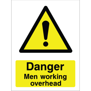 Warning sign showing a black exclamation mark inside a triangle and the message: "Danger. Men working overhead" on yellow background, used to alert about overhead work safety hazards.