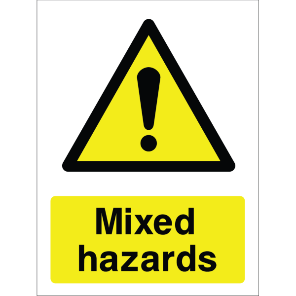 A yellow warning sign featuring a black triangle with an exclamation mark, with the text: "Mixed hazards".