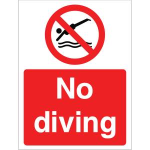 Warning sign showing a circular diver icon crossed out and the message: "No diving." on a red background, used to alert about diving prohibitions.