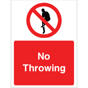 Warning sign showing a prohibition symbol over a person throwing an object and the message: "No Throwing" on a red background, used to enforce safety rules.