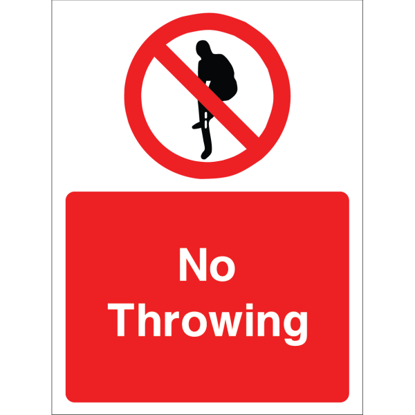 Warning sign showing a prohibition symbol over a person throwing an object and the message: "No Throwing" on a red background, used to enforce safety rules.